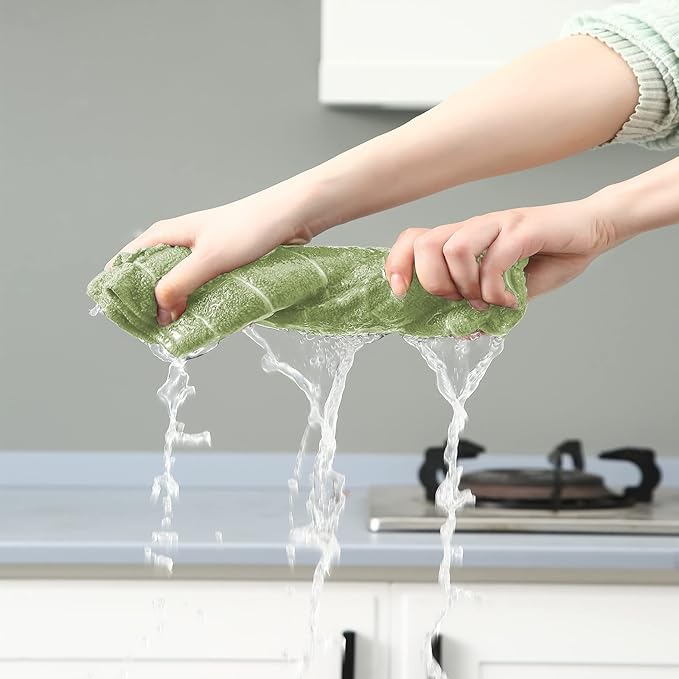 Microfiber Kitchen Towels and Dishcloths Set, 26 X 18 Inch and 12 X 12 Inch, Set of 12 Bulk Lint Free Dish Towels for Drying Dishes, Olive Green