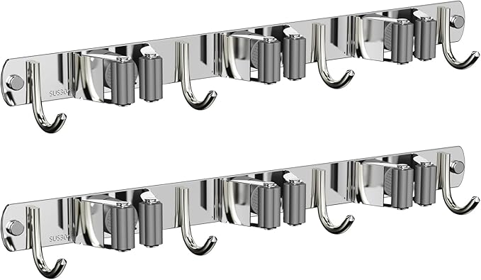 CUXIXA 2 Pack Mop and Broom Holder Wall Mount, Non-slip Broom Hanger, Heavy Duty Mop Broom Organizer for Kitchen Garden Garage Laundry Room Wall Decor Organization and Storage Silver 3R4H