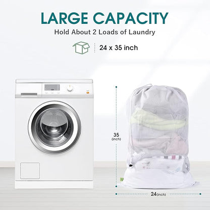OTraki 2 Pcs Large Mesh Laundry Bags 24X36 Inch Heavy Duty Drawstring Laundry Wash Bag,Laundry Hamper Liner Machine Washable Storage Bag for Travel Hotel Beach Don't Drying, Melting 140-176℉ White