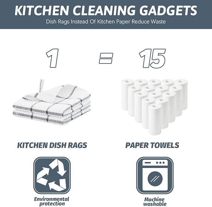 Nialnant Cotton Terry Dish Cloths,8 Pack Dish Rags for Washing Dishes,Super Soft and Absorbent Cleaning Rags - Grey Plaid