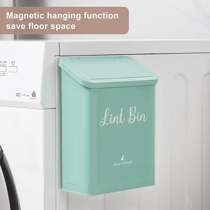 SUBEKYU Metal Magnetic Lint Bin for Laundry Room, Wall Mounted Lint Box Holder with Lid for Dryer, Light Green