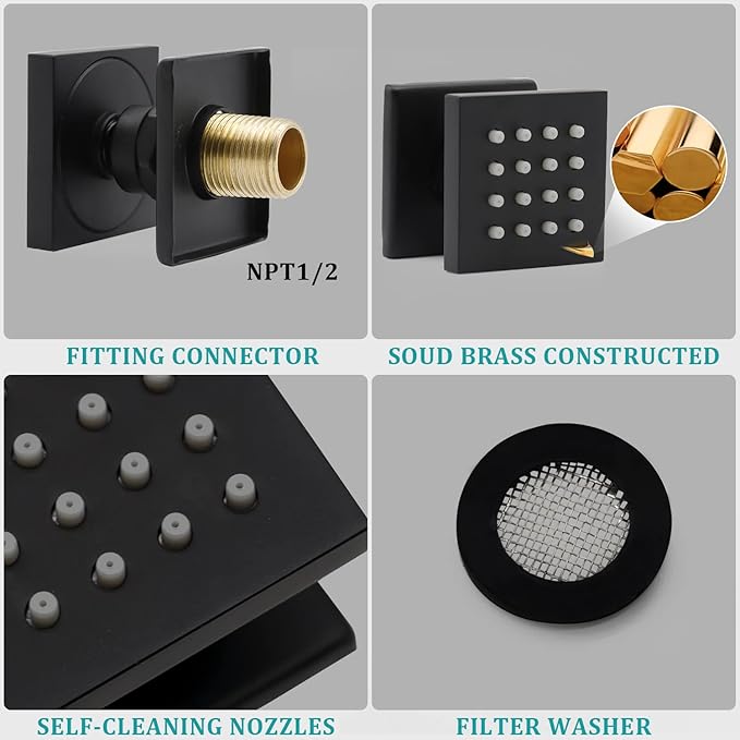 HOMEDEC Brass Square Shower Body Spray Jets Head (Matte Black, 6pcs)