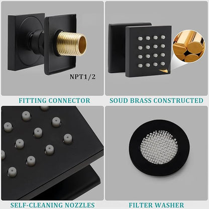 HOMEDEC 2inch Brass Shower Jet Waist Body Spray Massage Showerhead Can Swivel (Matte Black, 4 pack)