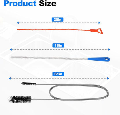 P Trap Cleaner Set,3 IN 1 P Trap Brush for Shower Kitchen Sink Bath Tub Bathroom,Including 20 Inch Drain Snake Remover,61 Inch Flexible Wire Brush,18 Inch All Bristle Brush