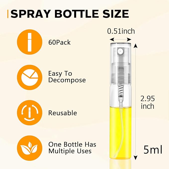 Mini Spray Bottle 5ml, Refillable Glass Spray Bottle, Glass Bottle Atomizer, Perfume Mouthwash Atomizer for Cleaning Refillable Container for Travel, Essential Oils, Perfume 60 Pcs, 5ml