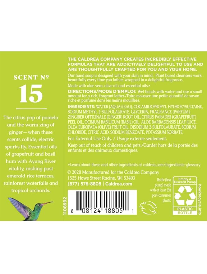 Caldrea Hand Wash Soap, Aloe Vera Gel, Olive Oil and Essential Oils to Cleanse and Condition, Ginger Pomelo Scent, 10.8 oz, 2 Pack