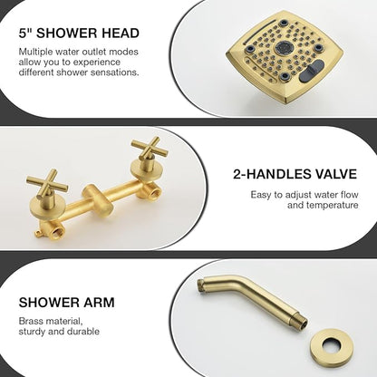 2 Handle Shower Faucet Set 6-Spray Shower Head and Handle Set Shower Trim Kit with Rough-in Valve Bathroom Shower Faucet Valve Trim Kit Brushed Gold
