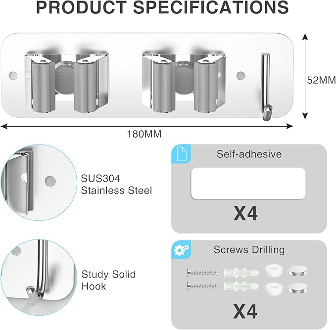 homeasy Wall Mount Mop and Broom Holder, Heavy Duty Stainless Steel Organizer Rack with Hooks | 4-Pack, 2-in-1 No Drill & Screw Installation, Silver