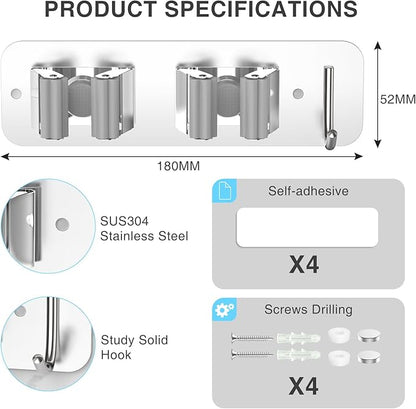 homeasy Wall Mount Mop and Broom Holder, Heavy Duty Stainless Steel Organizer Rack with Hooks | 4-Pack, 2-in-1 No Drill & Screw Installation, Silver