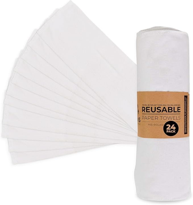 Zero Waste Reusable Paper Towels, Organic Cotton Flannel Wipes for Kitchen, Bathroom, Hand Drying, Pet Messes, and Counter Cleaning, White, 24-Pack Gift Set