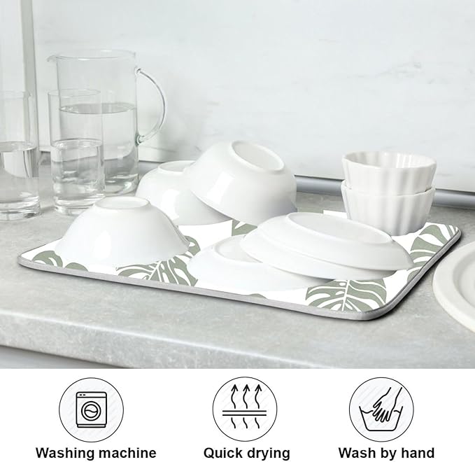 Green Palm Monstera Leaves Dish Drying Mat for Kitchen Counter Absorbent Microfiber Drying Pad, Large 18x24 in