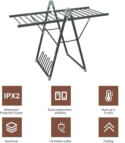 Electric Heating Clothes Drying Rack,Foldable Clothes Drying Rack,Suitable for Drying Clothes, Shoes and Socks.Plug & Play,Space Gray,Aluminum Alloy,One-Click Switch(39.37×52.56×25.98in)