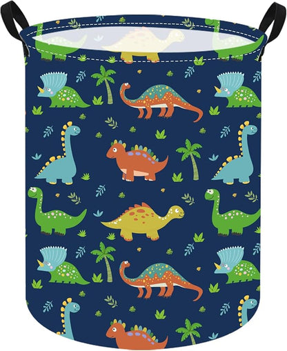 KUNRO Round Dinosaur Laundry Gift Basket Storage Hamper, Clothes Storage Organizer Bins, Shelf Basket with Handles for Room Decor