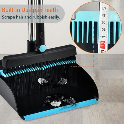 Broom and Dustpan Set for Home, Long Handle Dust Pan and Broom Combo for Indoor Outdoor Heavy Duty Dustpan Set for Kitchen Lobby Office Upright Standing Dustpan with Teeth (Deep Blue)