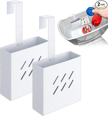 Honeydak 2 Pcs Large Size 4.33 x 4.33 x 1.38 Inch Stainless Steel Toilet Tank Cleaning Tablet Holder with Adjustable Hook to Hang Toilet Cleaner Box (White)