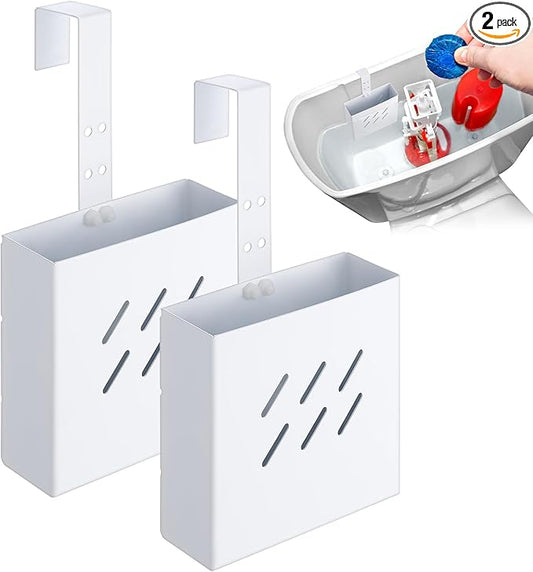 Honeydak 2 Pcs Large Size 4.33 x 4.33 x 1.38 Inch Stainless Steel Toilet Tank Cleaning Tablet Holder with Adjustable Hook to Hang Toilet Cleaner Box (White)