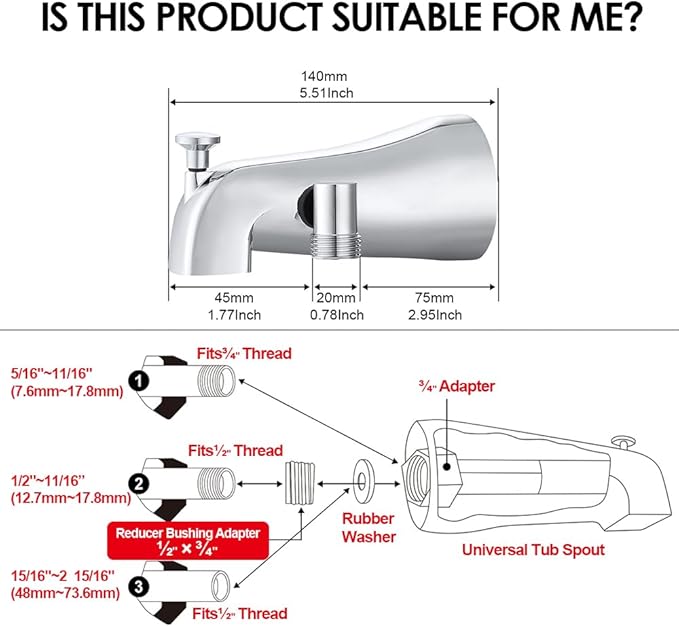 Chrome Tub Spout with Diverter slip fit 1/2 inch Copper Tube, High Pressure filtered Handheld Shower with 3 Spray Modes On/Off Switch, 59 inch hose, Bracket, No Drill Required Install