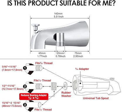 Chrome Tub Spout with Diverter slip fit 1/2 inch Copper Tube, High Pressure filtered Handheld Shower with 3 Spray Modes On/Off Switch, 59 inch hose, Bracket, No Drill Required Install