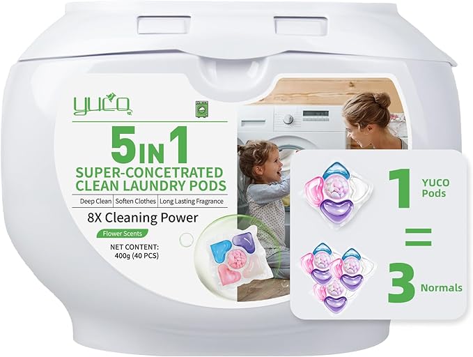 YUCO Pods Laundry Detergent Hypoallergenic,Powerful 5IN1 Detergent Pod,Scent Beads New Formula,Helps to Keep Garment Fresh Clean,Soft and Fragrant (Floral Ocean,1 Box of 40 Pod,Net 8g/pod,Net 320g)