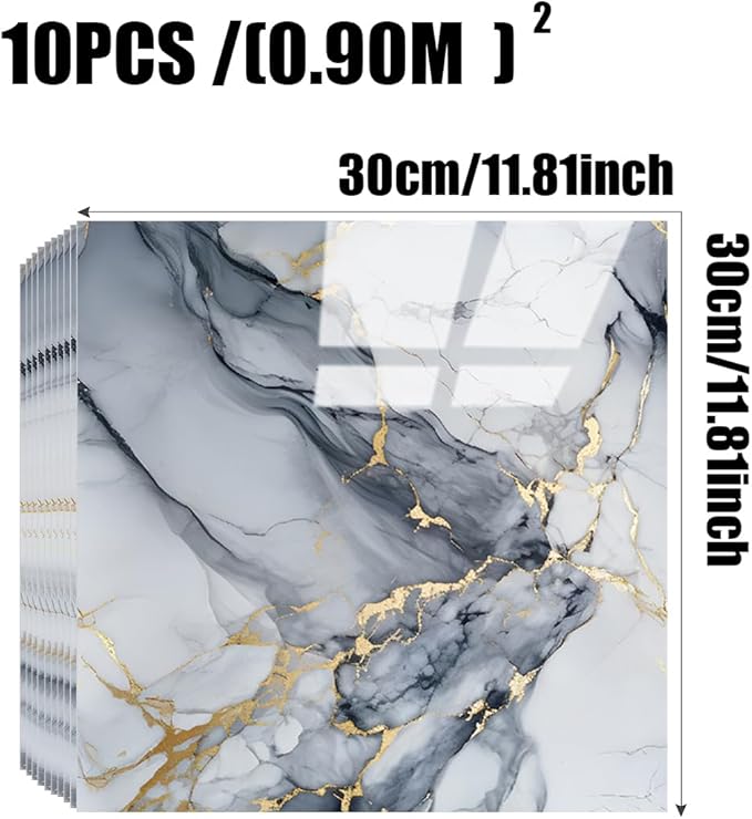 Chejiaye 10pcs Marble Peel and Stick Backsplash Waterproof Washroom Wall Panels, Peel and Stick Tile, PVC Foam Wall Panels for Kitchen,Bathroom,Living Room,Blue and Gold(Not Real Tile,11.8" x 11.8")