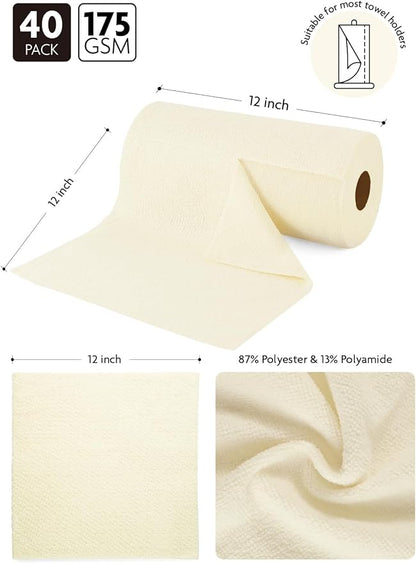 Fantasticlean Microfiber Cleaning Cloth Roll -40 Pack, Tear Away Microfiber Towels, 12" x 12", Reusable, Washable, Scratch Free, Ultra Absorbent Dishcloth for All-Around Cleaning Supplies (Beige)