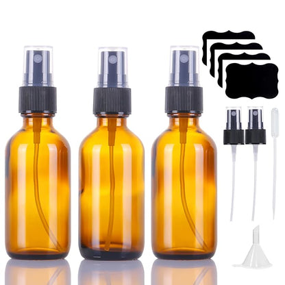 LUFEVRM 2oz Glass Spray Bottles,Empty Small Perfume Travel Refillable Reusable Fine Mister Spray Bottle for Hair,Cleaning Solutions,Aromatherapy and Essential Oil with Extra Nozzle (3 pack, Amber)