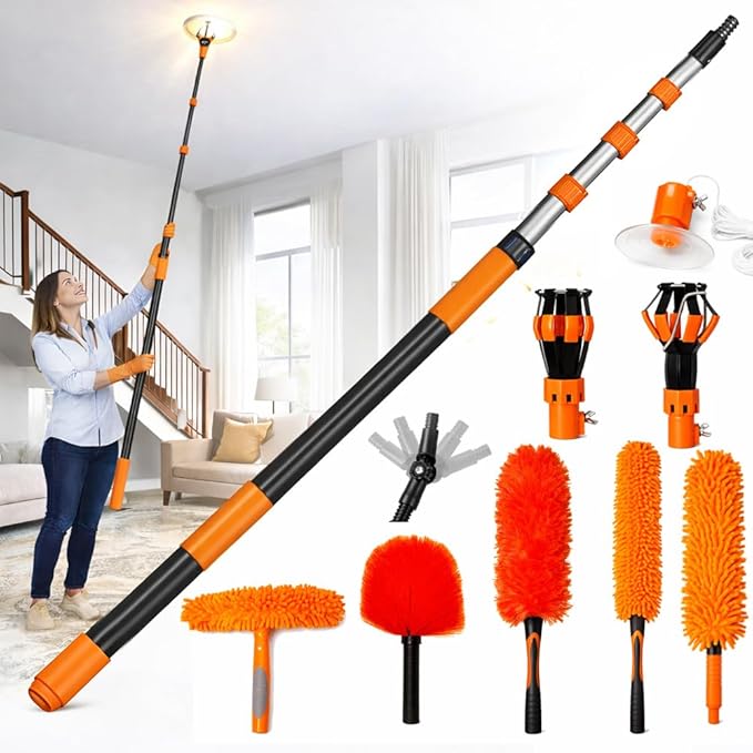 Light Bulb Changer for High Ceilings Up to 20FT, 10PCS Extension Pole Kit with 360° Swivel Head Bulb Grabber, Ceiling Fan Duster & Window Cleaner – No Ladder Needed