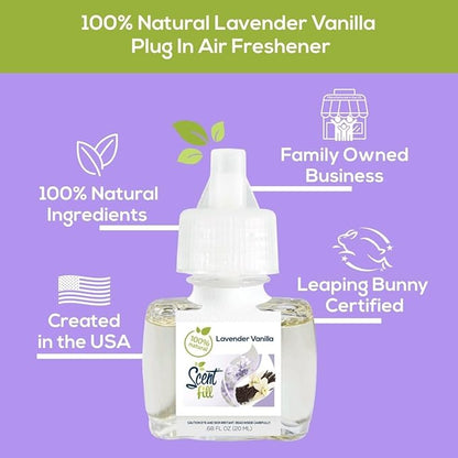 Scent Fill 100% Natural Lavender Vanilla Plug in Air Freshener, Scented Oil Refills, 2 Refills + Diffuser