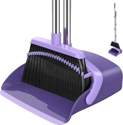 NACENA Broom and Dustpan Set, 52-in Long Adjustable Handle Broom Dustpan Combo with Dustpan Teeth to Automatically Clean Hair Suitable for Home Kitchen Office Hall Floor (Purple)