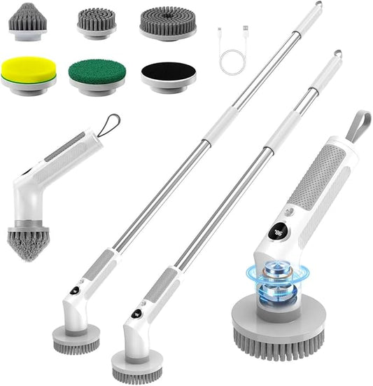 Electric Spin Scrubber, Cordless 20W High-Torque Cleaning Brush Bathroom Scrubber, IPX7 Waterproof Electric Scrubber with 6 Brush Heads, Extendable Long Handle Power Scrubber for Bathtub Floor