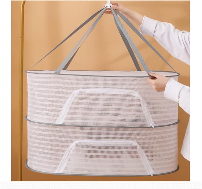 Primst Foldable Drying Fishing Net, Hanging Drying Net Rack Clothes Dry Basket with Zipper, Indoor and Outdoor Plants Dryer for Shrimp Fish Fruit Vegetables Herb (1 Layer)