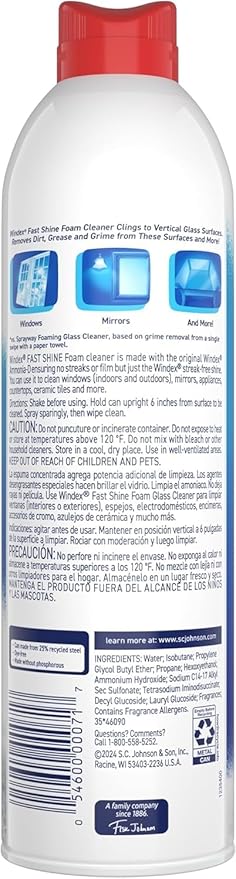 Windex Fast Shine Foam Glass Cleaner, No-Drip Windows, Doors, Mirrors & Countertops Aerosol Cleaning Spray, Streak-Free Shine, Removes Fingerprints, Dust, Dirt, Grime & More 19 oz (Pack of 2)