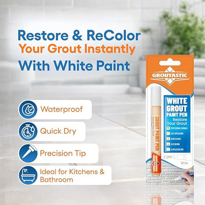Grout Paint Pen White — Grout Colorant & Sealer Marker for Tile Repair, Restores & Whitens Grout Lines, Quick-Dry, Bathroom Kitchen Shower | Groutastic