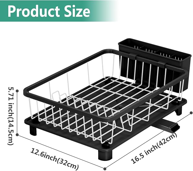 Hiviweer Dish Drying Rack - Space-Saving Dish Rack,Dish Racks for Kitchen Counter with Drainboard, Rustproof Dish Drainer with a Removable 4-Compartment Utensil Holder,Black-White