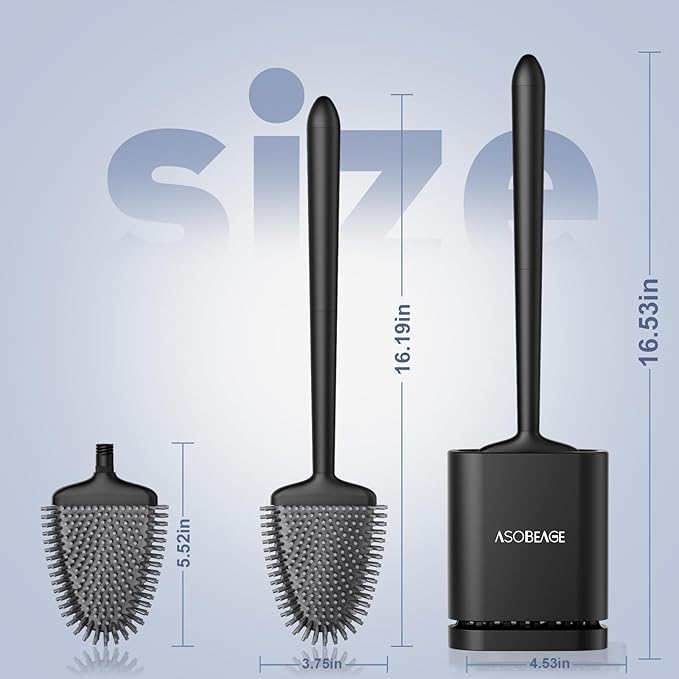 ASOBEAGE Deep Cleaner Toilet Brush: Silicone Toilet Brush with No-Slip Long Plastic Handle and Flexible Bristles, Quick Drying Holder Set for Bathroom（Black）