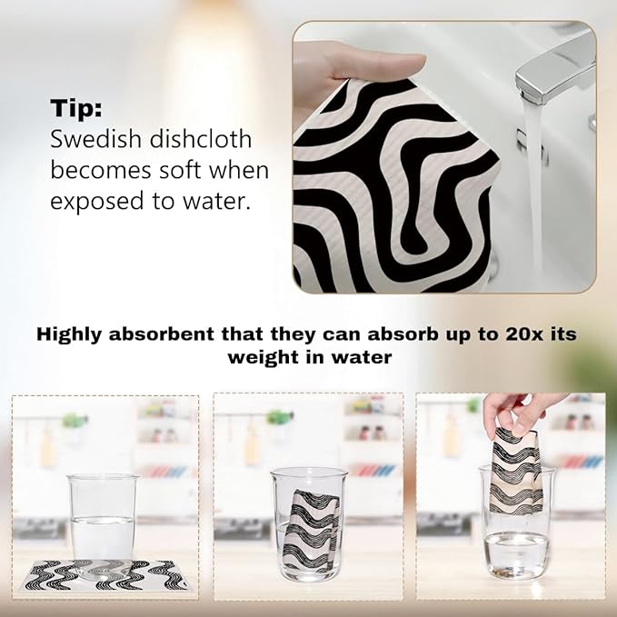 Swedish Dishcloths 6 Pack, Black White Line Geometric Towels Kitchen Reusable Washable Absorbent Dish Cloths, Cellulose Sponge No Odor Eco Towels, Home Kitchen Dish Washing