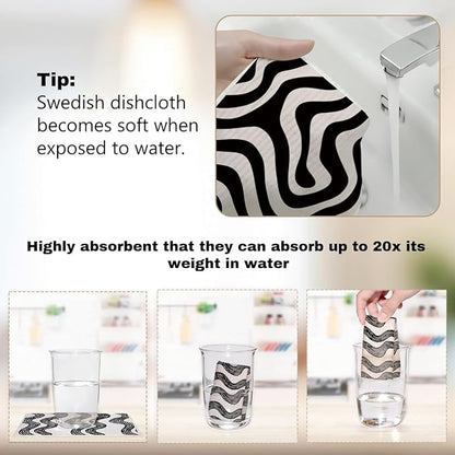 Swedish Dishcloths 6 Pack, Black White Line Geometric Towels Kitchen Reusable Washable Absorbent Dish Cloths, Cellulose Sponge No Odor Eco Towels, Home Kitchen Dish Washing