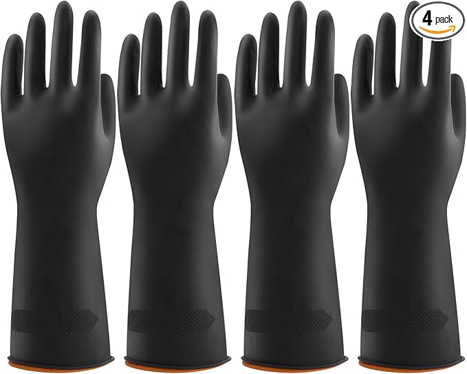 Bamllum 4 Pairs Black Rubber Dishwashing Gloves - Reusable Cleaning Gloves for Kitchen, Household, Anti-Slip, Flexible & Long-Lasting (X-Large)