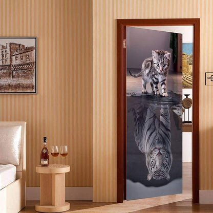 3D Peel and Stick Wall Murals - Cat Becomes Tiger Self-Adhesive Removable PVC Waterproof Door Poster for Bedroom & Living Room 34.6" x 78.7"