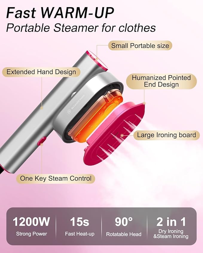 ELORTI Clothes Steamer, 2-in-1 Handheld Garment Steamer & Travel Iron, 10s Fast Heat-Up, 1200W Portable Mini Steamer with Rotatable Head, Compact for Home, Office & Travel (110-120V)