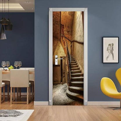 3D Door Wallpaper Self-Adhesive Sticker - Old Stairs Film Poster Premium PVC Waterproof Wall for Bedroom Living Room Decoration 95 x 200 cm