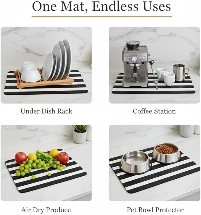 Dish Drying Mat Super Absorbent – 16" x 18" Coffee Mat for Countertops – Non-Slip Drying Mat for Kitchen Counter – Easy to Clean Water Absorbent Mat – Large Dish Drying Mats (Zebra)
