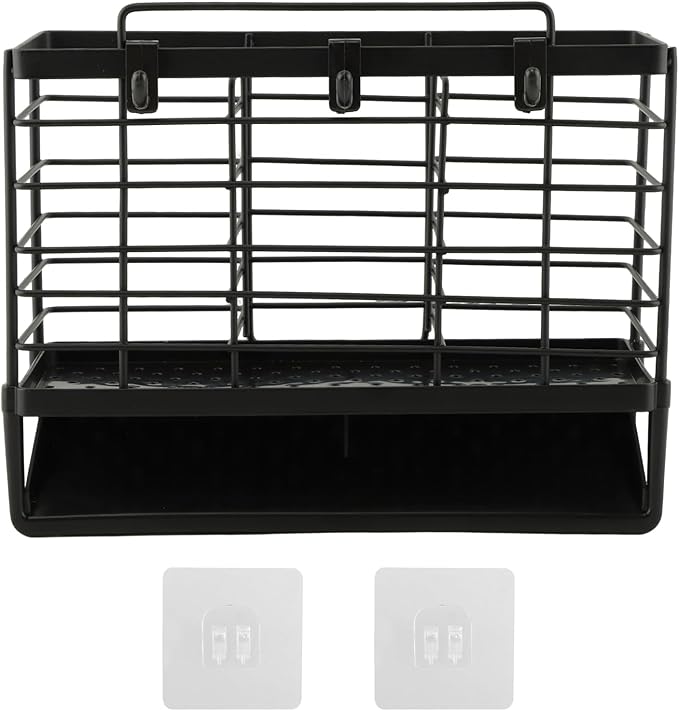 3-Compartment Dish Drying Rack for Kitchen, Carbon Steel Utensil Holder with Drain Tray, Utensil Caddy Organizer for Knives, Forks, Spoons, Chopsticks, Wall Mount or Countertop(COLOR:Black)