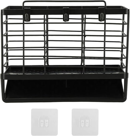 3-Compartment Dish Drying Rack for Kitchen, Carbon Steel Utensil Holder with Drain Tray, Utensil Caddy Organizer for Knives, Forks, Spoons, Chopsticks, Wall Mount or Countertop(COLOR:Black)