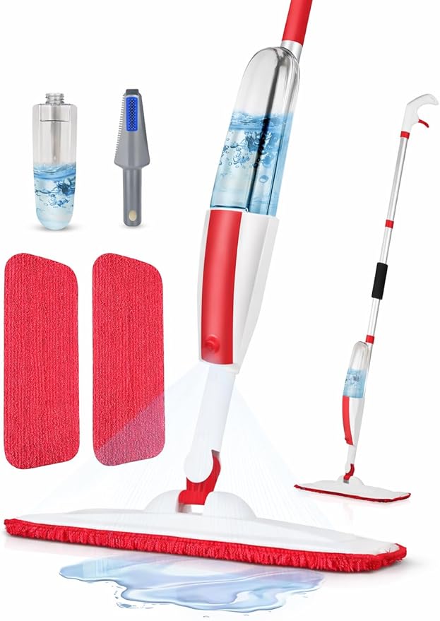 Spray Mop for Floor Cleaning with Refillable Bottle (14 oz), 3 Washable Microfiber Pads & Scraper – Lightweight 360° Rotating Mop, No Batteries, Streak-Free Cleaning for Hardwood, Tile & Laminate