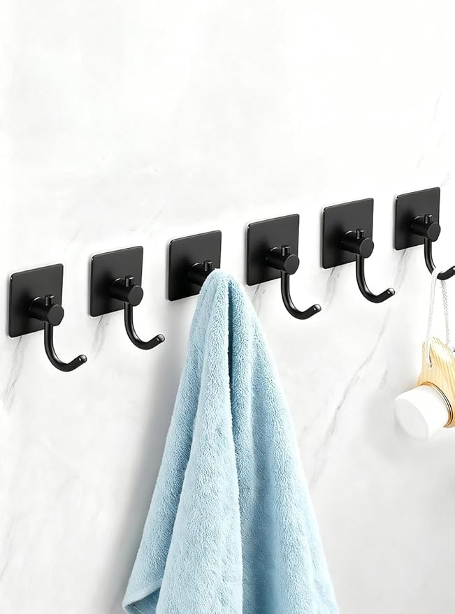 Sticky Hooks for Hanging, 6-Pack Adhesive Wall Hooks No Drilling Stainless Steel Towel Hook for Walls No Damage, Self Adhesive Hook for Bathroom Kitchen Office, Black
