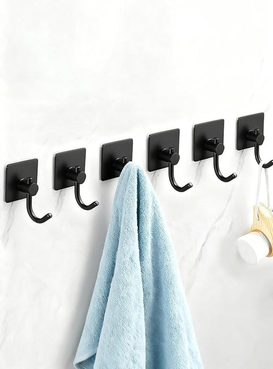 Sticky Hooks for Hanging, 6-Pack Adhesive Wall Hooks No Drilling Stainless Steel Towel Hook for Walls No Damage, Self Adhesive Hook for Bathroom Kitchen Office, Black