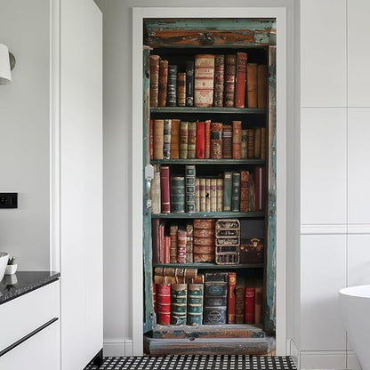 REDAMANCY Vintage Book Shelf Red Green Brown Antique Peel and Stick Door Stickers Vinyl 3D Door Mural Decals Decor Wallpaper Self-Adhesive, Waterproof, Removable