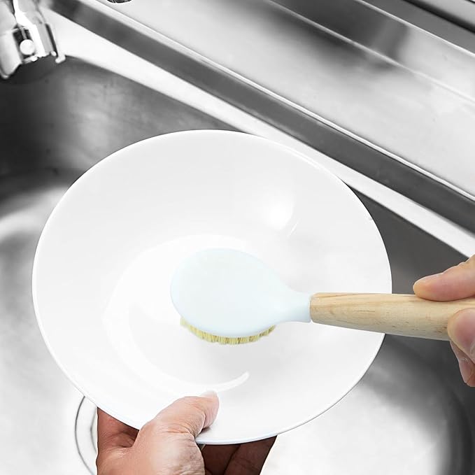 3 Pcs Kitchen Dish Brush with Bamboo Handle, Dish Scrubber Brush Built-in Scraper, Pot Scrubbers for Cleaning, Dishwashing, Dishes, Pans, Kitchen Sink and Counter