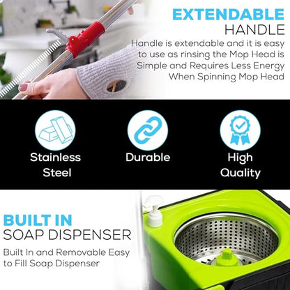 Simpli-Magic 360° Spin Mop and Bucket with Wringer – 3 High-Absorbent Microfiber Washable Heads, Soap Dispenser – Spinning Mop and Bucket Set for All Types Floor Cleaning